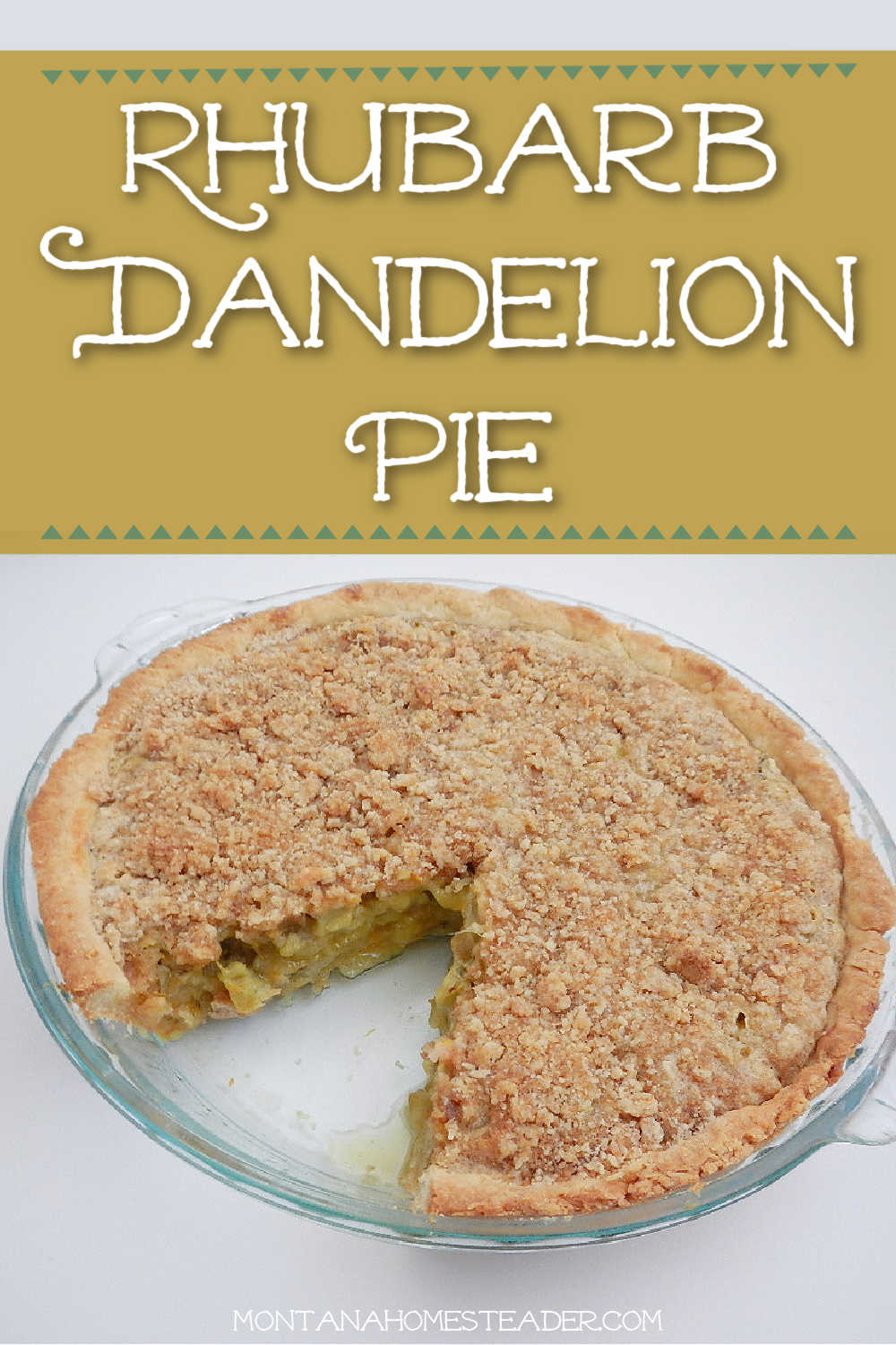 Rhubarb Dandelion pie recipe how to make picture of rhubarb dandelion pie with crumb topping in a glass pie dish with one slice cut out to see custard inside