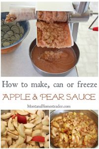 How to make can or freeze applesauce or pear sauce with pictures of a bowl of chopped fruit a bowl of cooked fruit and a picture of it being processed through a food mill to turn it into sauce