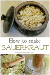 How to make fermented sauerkraut with a picture of shredded cabbage being pounded to make sauerkraut and the final fermented sauerkraut in a handmade crock