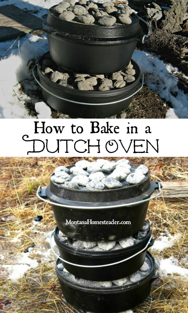 Dutch ovens stacked together with coals baking outside at camp in the snow
