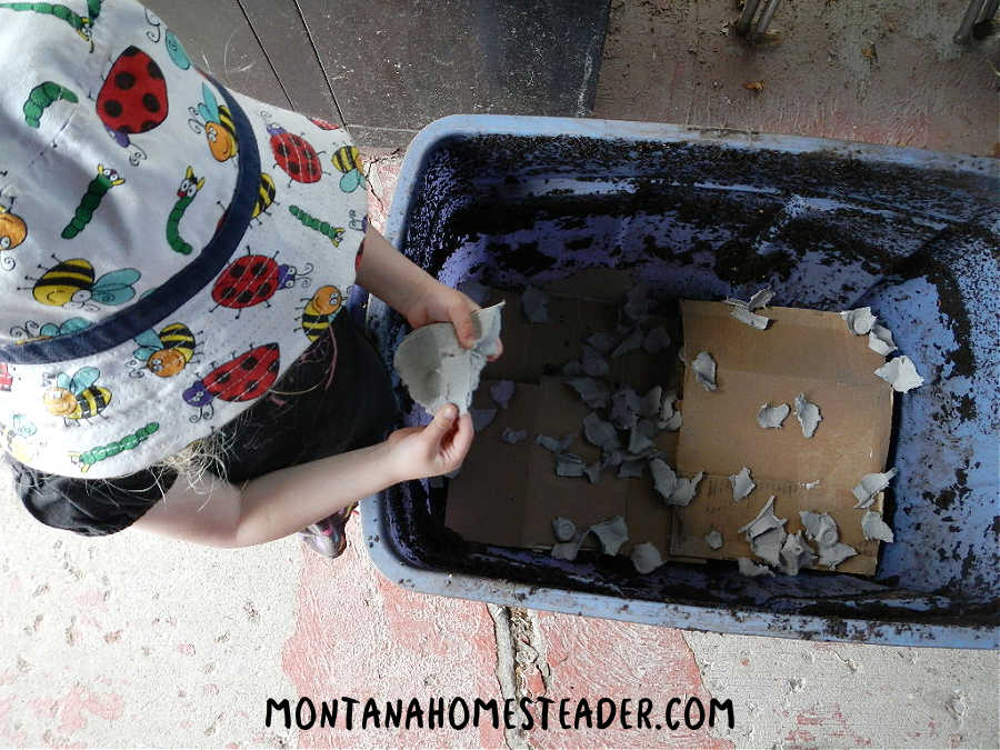 How to make a cheap and easy worm bin from a plastic tub starting with shredded paper cardboard egg cartons great DIY project to have kids help